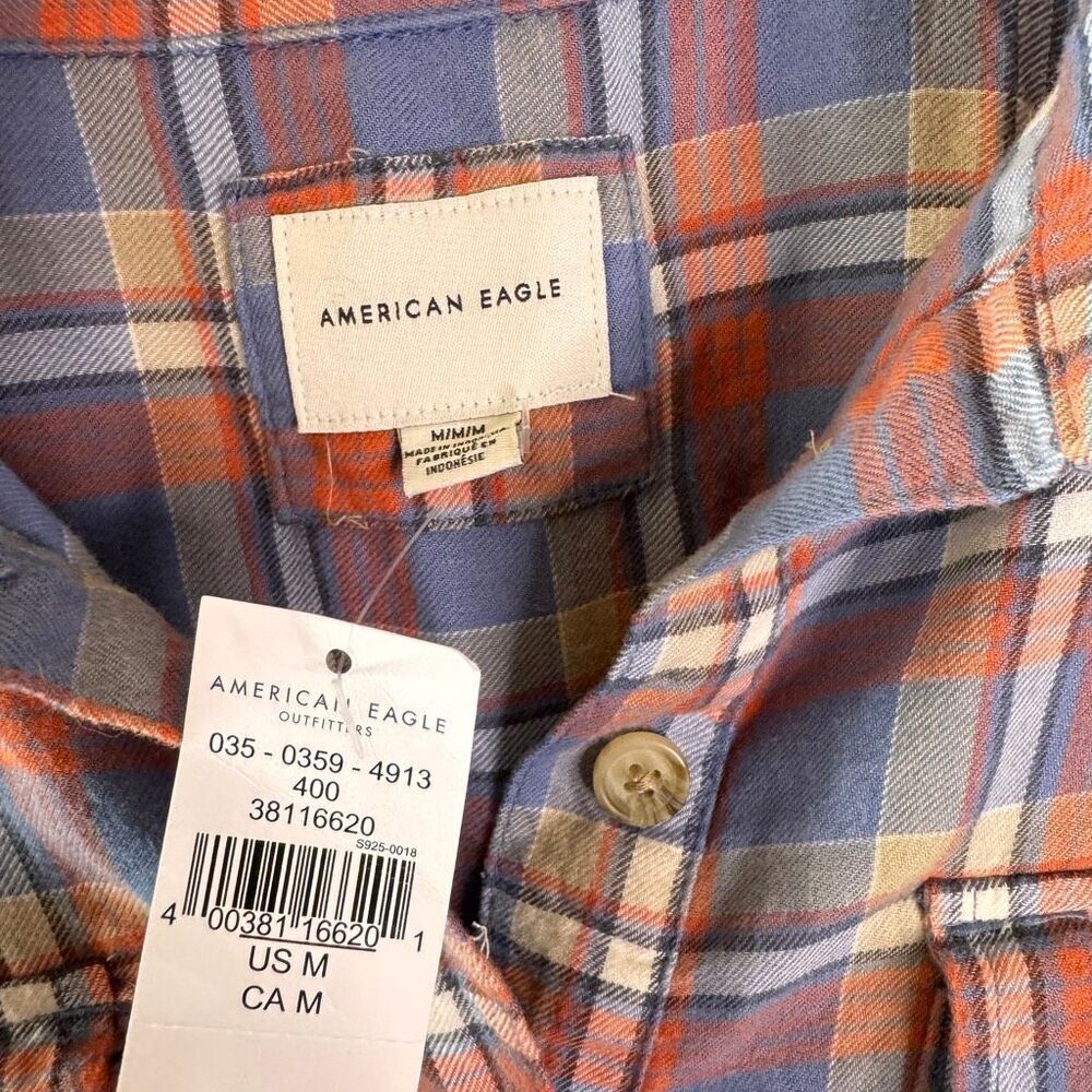 NWT American Eagle Popover Plaid Shirt Womens Medium Relaxed Oversized Blue - Picture 2 of 9